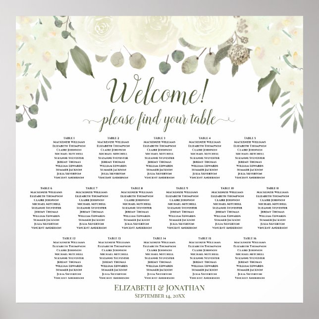 16 Tableau Sièges Mariages de roses blanches ivoir (Devant)