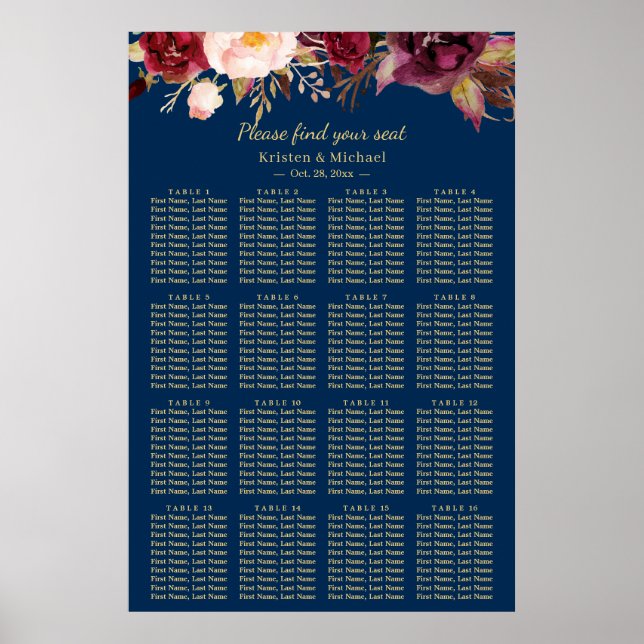 16 Tables Burgundy Floral Wedding Seating Chart (Front)