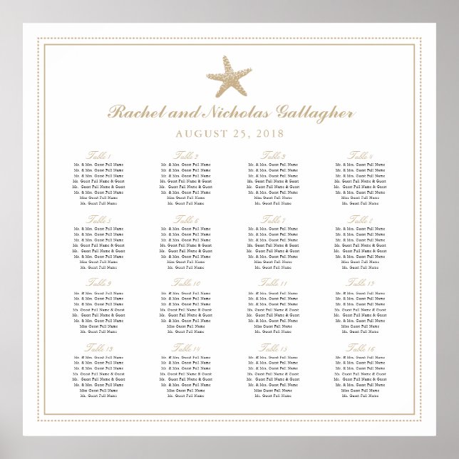 16 Tables Tan Starfish Wedding Seating Chart (Front)