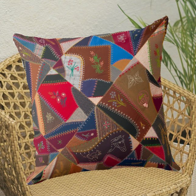 16" Vintage Patchwork Crazy Quilt Pattern Elegant  Throw Pillow (Add style and color to your space with this vintage patchwork quilt pattern accent pillow.)