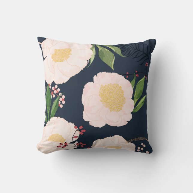 16"x16" Throw Pillow White Floral Flowers on Dark (Front)