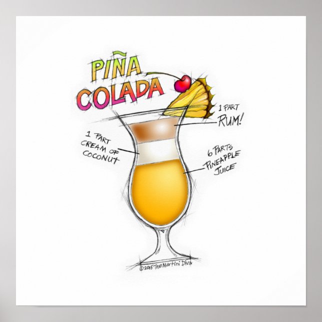 16" x 16" POSTER - PINA COLADA RECETTE COCKTAIL AR (Devant)