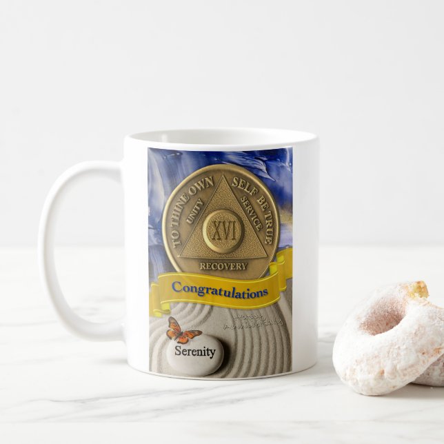 16 Year CUSTOM NAME AA Anniversary Serenity Coffee Mug (With Donut)