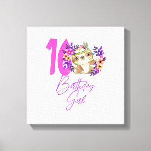 16 Year Old Birthday Girl Cute 16th Birthday Sloth Canvas Print