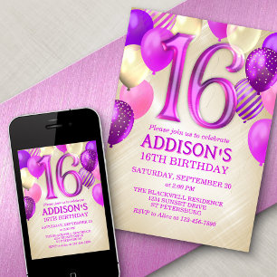 16e anniversaire Ballons roses Invitation