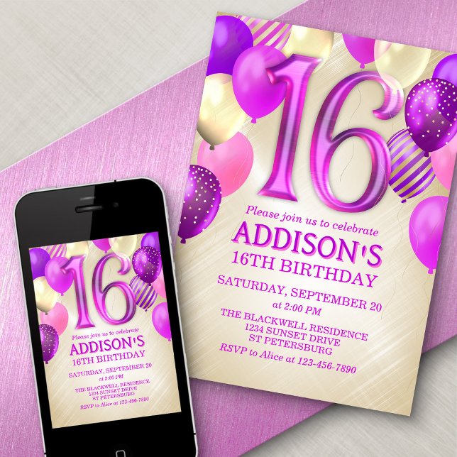 16e anniversaire Ballons roses Invitation (Créateur téléchargé)