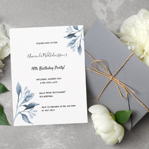 16e anniversaire blanc bleu botanique invitation