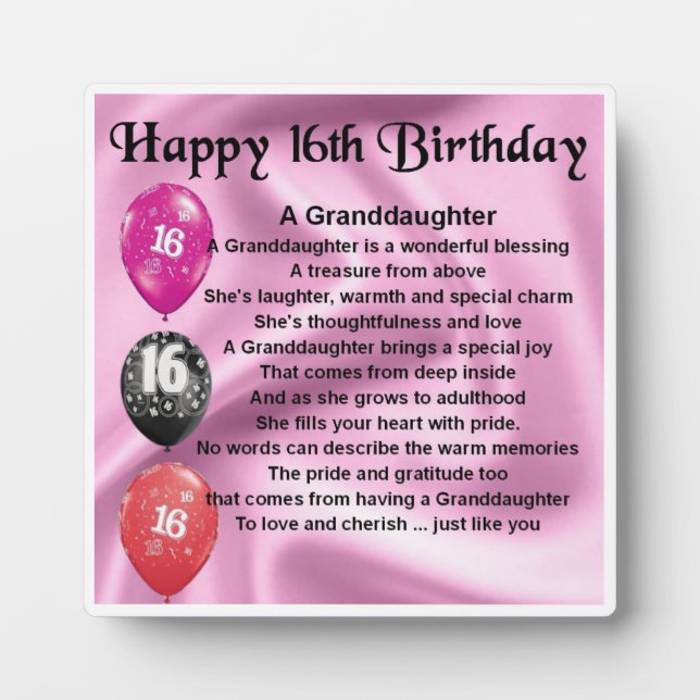 16e anniversaire Design Grandgirl Poème Plaque (Devant)