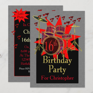 16e anniversaire Drums musicaux Invitation personn