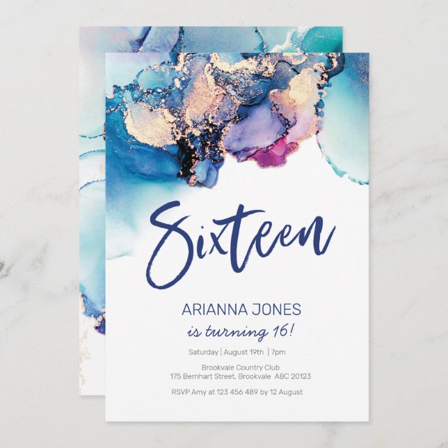 16e anniversaire Invitation Aquarelle Abstraite bl (Devant / Derrière)