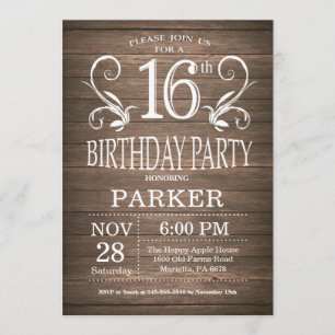 16e anniversaire Invitation Bois rustique Floral