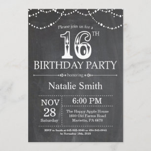 16e anniversaire Invitation Chalkboard lumières