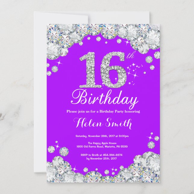 16e anniversaire Invitation Diamant mauve et argen (Devant)