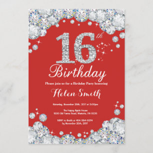 16e anniversaire Invitation Diamant rouge et argen