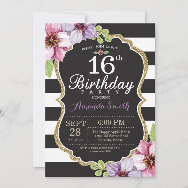 16e anniversaire Invitation Femmes. Noir d'or flor (Devant)