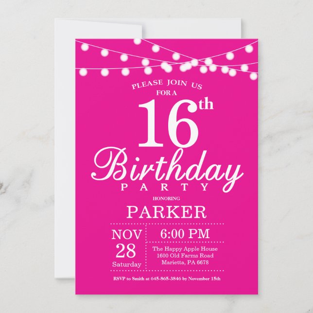 16e anniversaire Invitation rose chaud (Devant)
