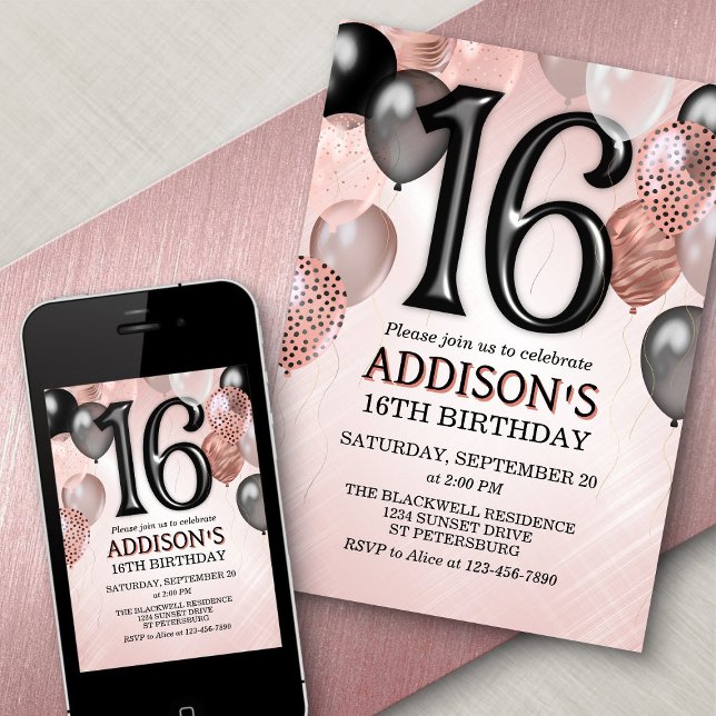 16e anniversaire Rose Gold Ballons Invitation (Créateur téléchargé)