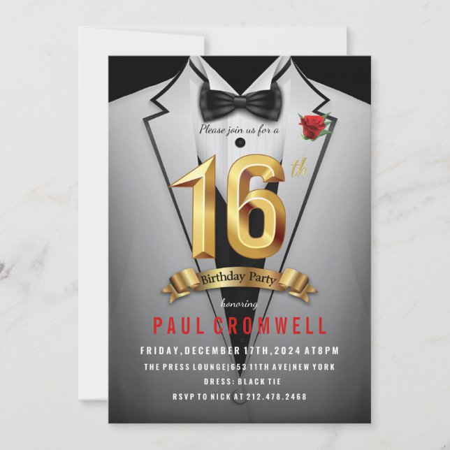 16e anniversaire Sweet 16 Tuxedo Invitation (Devant)