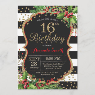 16ème Invitation d'anniversaire. Or noir rouge de