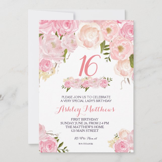 16ème Invitation florale de rose d'anniversaire de (Devant)