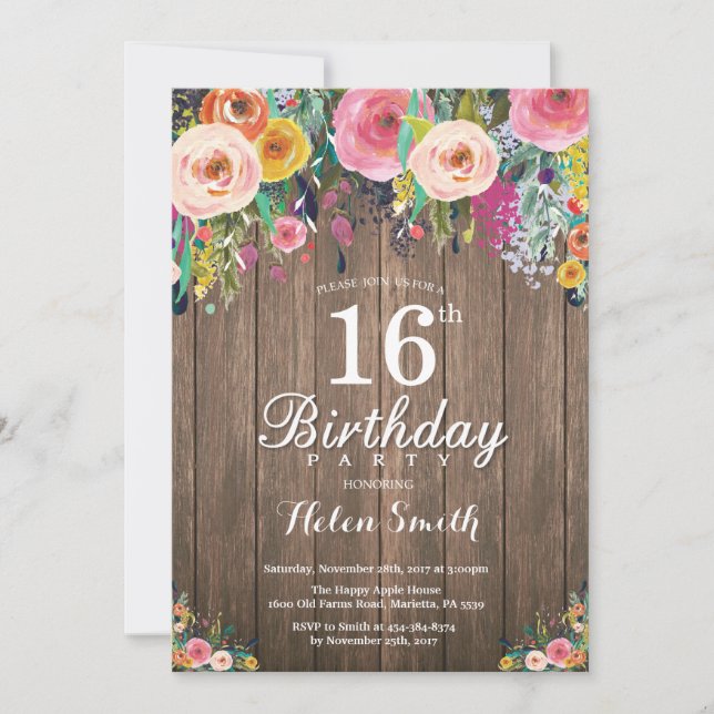 16ème invitation florale rustique d'anniversaire (Devant)