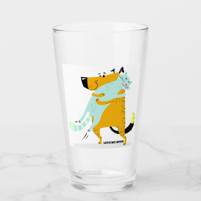 16oz. Pint glass with Dog and Cat Hugging (Front)
