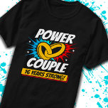 16th Anniversary Married Couples 16 Years Strong T-Shirt<br><div class="desc">This fun 16th wedding anniversary design is perfect for couples married 16 years to celebrate their marriage! Great to celebrate with your husband or wife or for your parent's 16 year wedding anniversary party! Features "Power Couple - 16 Years Strong!" wedding anniversary quote w/ joined wedding rings in a blast...</div>
