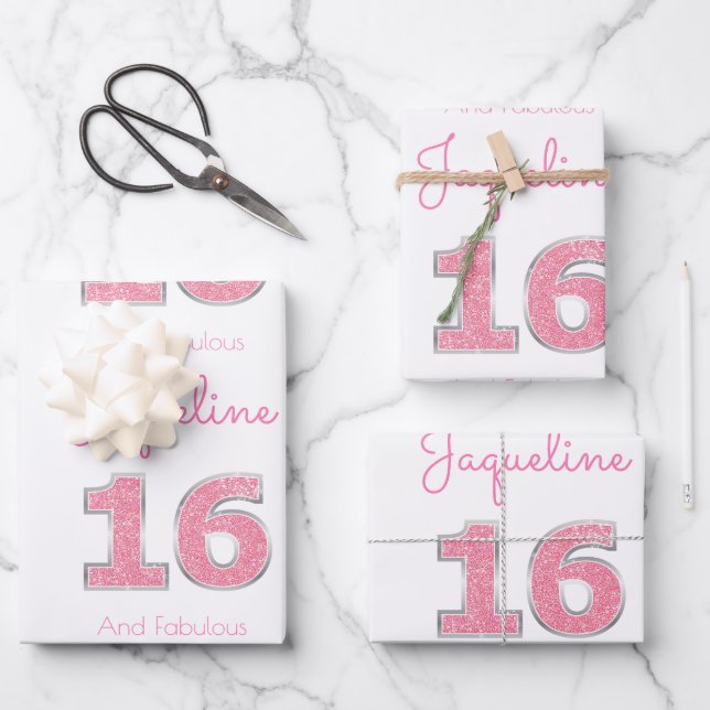 16th Birthday 16 And Fabulous Girly Pink Glitter Wrapping Paper Sheet (Front)