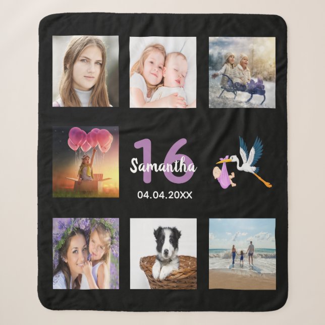 16th birthday 16 photo collage girl black sherpa blanket (Front)