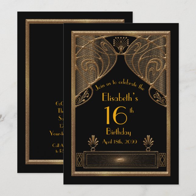 16th,Birthday 16th,Art Deco, black gold Invitation (Front/Back)