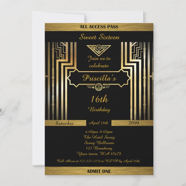 16th,Birthday 16th, Gatsby style, black & gold Invitation (Front)