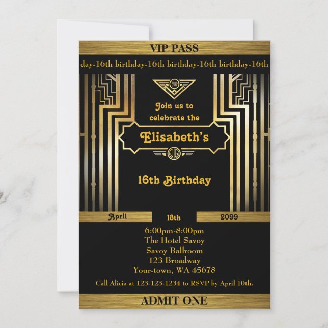 16th,Birthday 16th,Gatsby style,ticket,black gold Invitation (Front)
