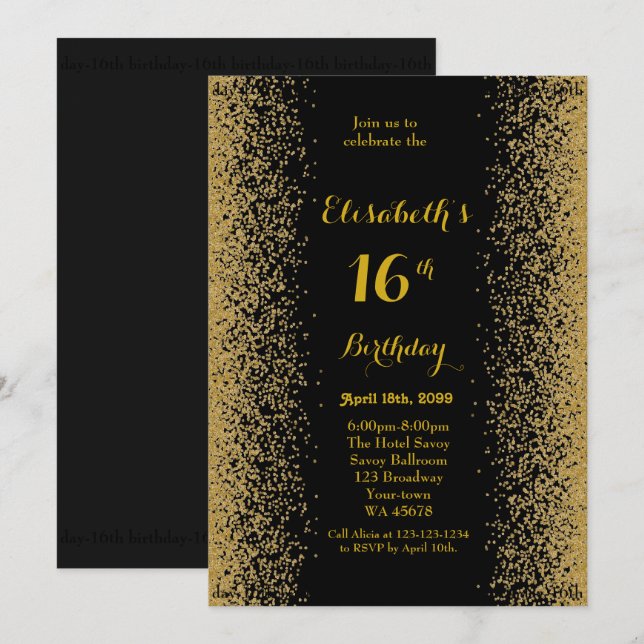 16th,Birthday 16th,Glitter,black gold Invitation (Front/Back)