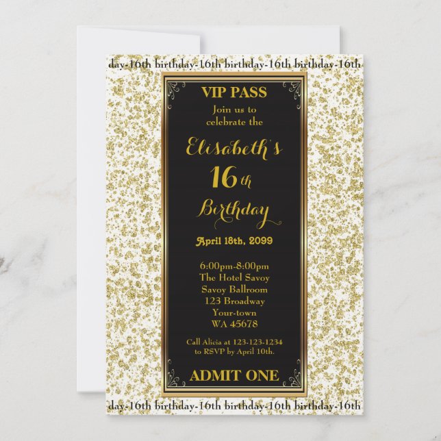 16th,Birthday 16th,Glitter Ivory,ticket,black gold Invitation (Front)