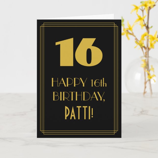 16th Birthday ~ Art Deco Inspired Look "16" & Name Card (Yellow Flower)