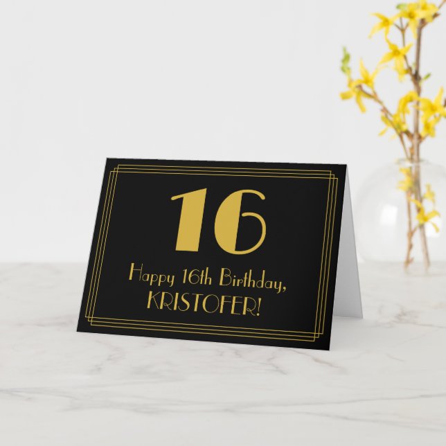 16th Birthday: Art Deco Inspired Look "16" + Name Card (Yellow Flower)
