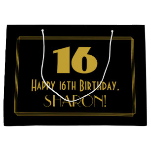 16th Birthday — Art Deco Inspired Look "16" & Name Large Gift Bag