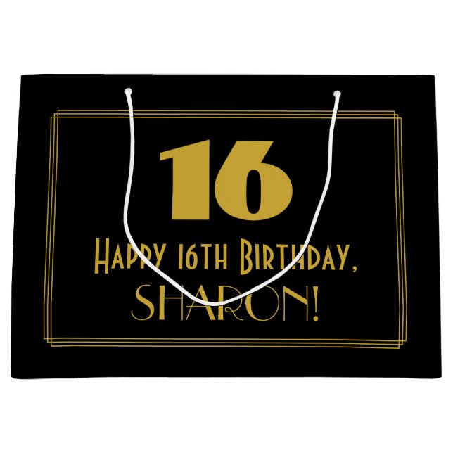 16th Birthday — Art Deco Inspired Look "16" & Name Large Gift Bag (Front)
