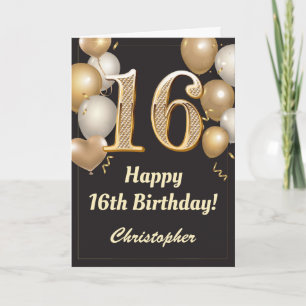 16th Birthday Black and Gold Balloons Confetti Card