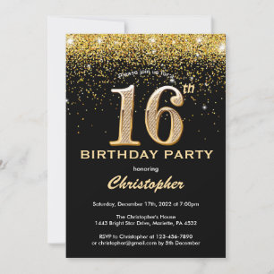 16th Birthday Black and Gold Glitter Confetti Invitation