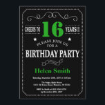 16th Birthday Black and Green Chalkboard Invitation<br><div class="desc">16th Birthday Invitation Black and Green Typography. Chalkboard. Black and White Background. Adult Birthday. Male Men or Women Birthday. Kids Boy or Girl Lady Teen Teenage Bday Invite. 13th 15th 16th 18th 20th 21st 30th 40th 50th 60th 70th 80th 90th 100th. Any Age. For further customization, please click the "Customize...</div>