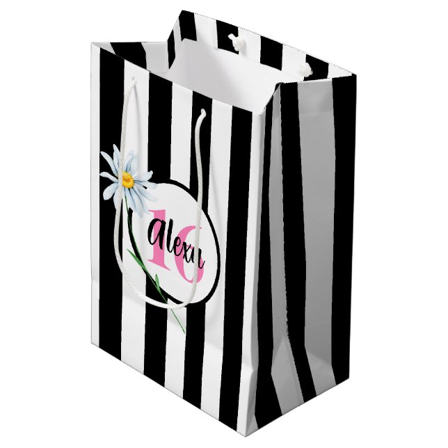 16th Birthday Black And White Stripes Medium Gift Bag (Front Angled)