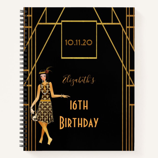 16th birthday black gold 1920's art deco notebook (Front)