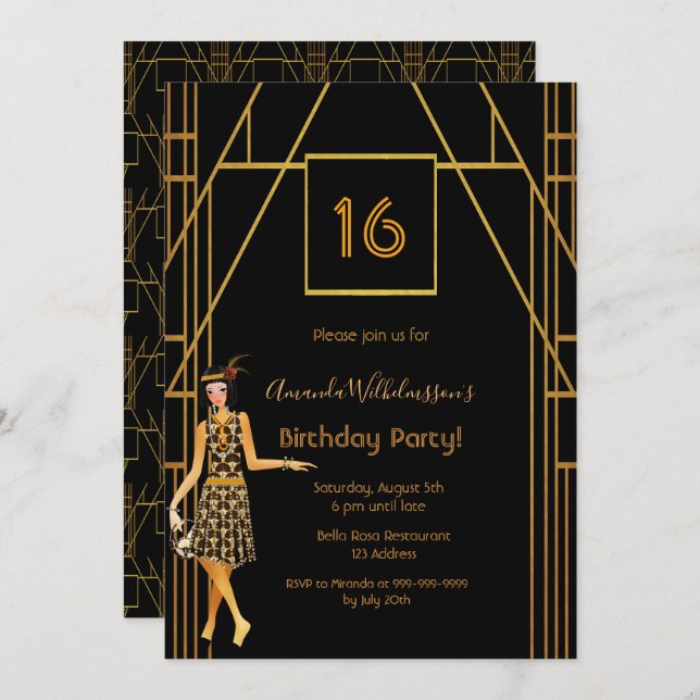 16th birthday black gold 1920's art deco style invitation (Front/Back)