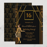 16th birthday black gold 1920's art deco style