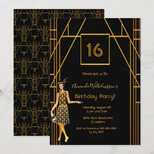 16th birthday black gold 1920's art deco style invitation