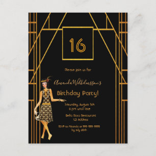 16th birthday black gold art deco style invitation postcard