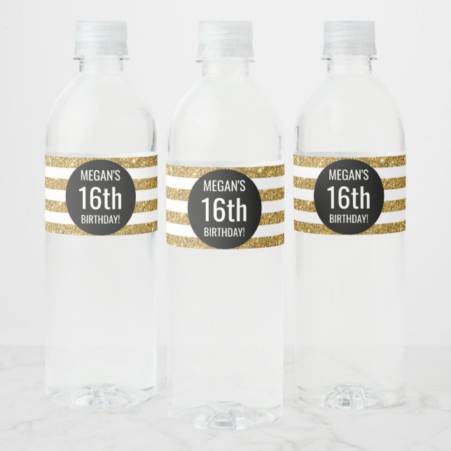 16th Birthday Black Gold Stripes Water Bottle Label (Bottles)