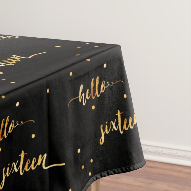 16th birthday black gold sweet 16 typography tablecloth (In Situ)