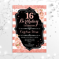 16th Birthday Black Rose Gold and White Stripes